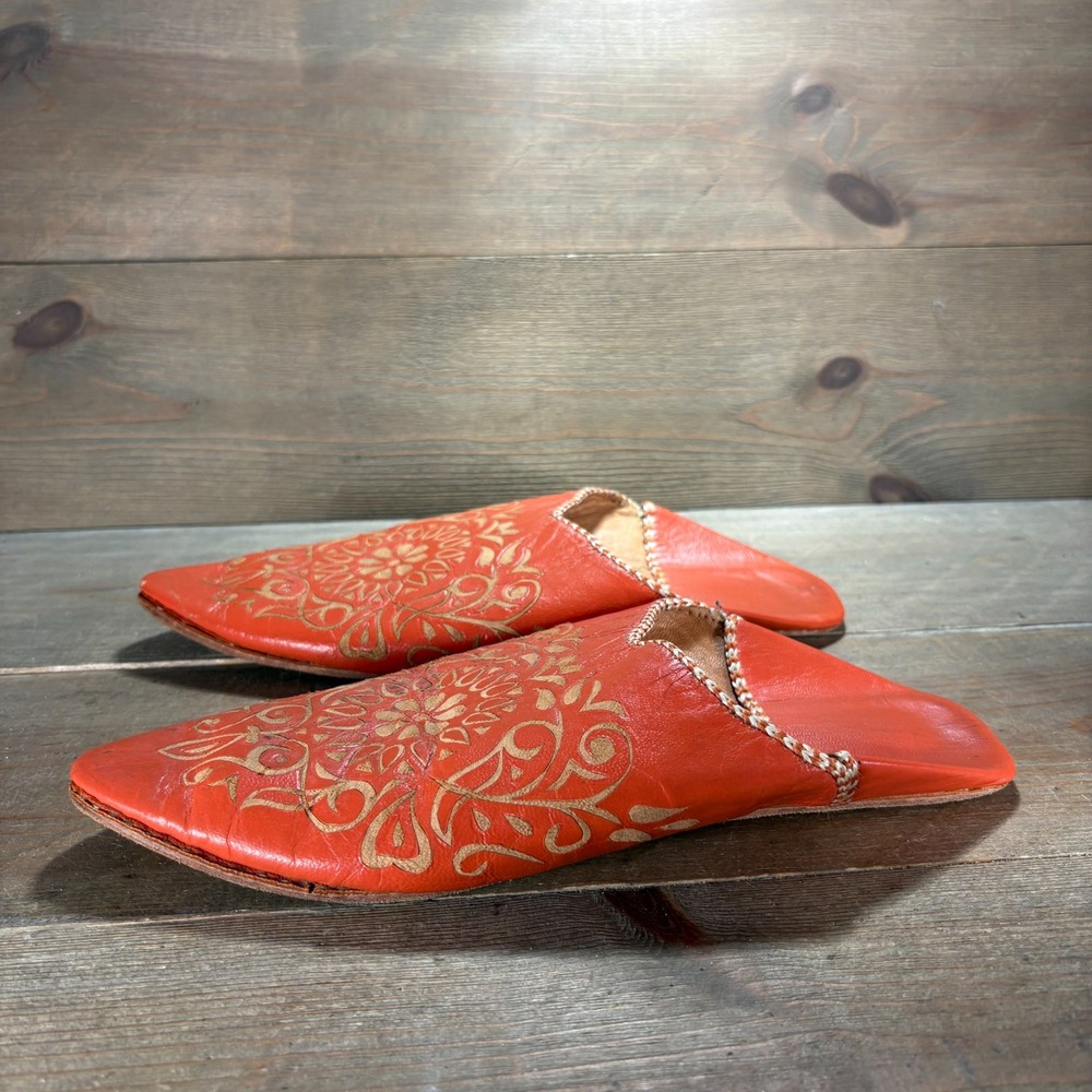 Moroccan Babouche Womens size 9 shoes orange Leather Handmade Pointed Toe mules